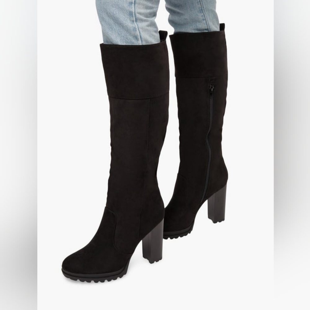 JUSTFAB Black Knee Hight Lug Sole Zip-Up Faux Suade Block Heel Boot